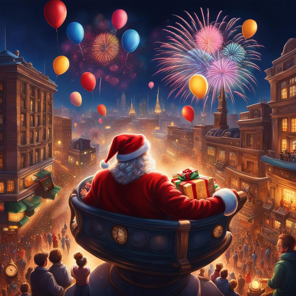 Festive City Night Sky with Santa Claus