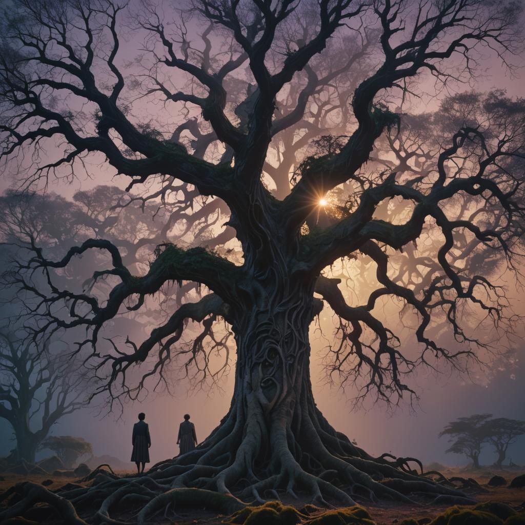 Mystical Figure on Ancient Tree in Cinematic Style