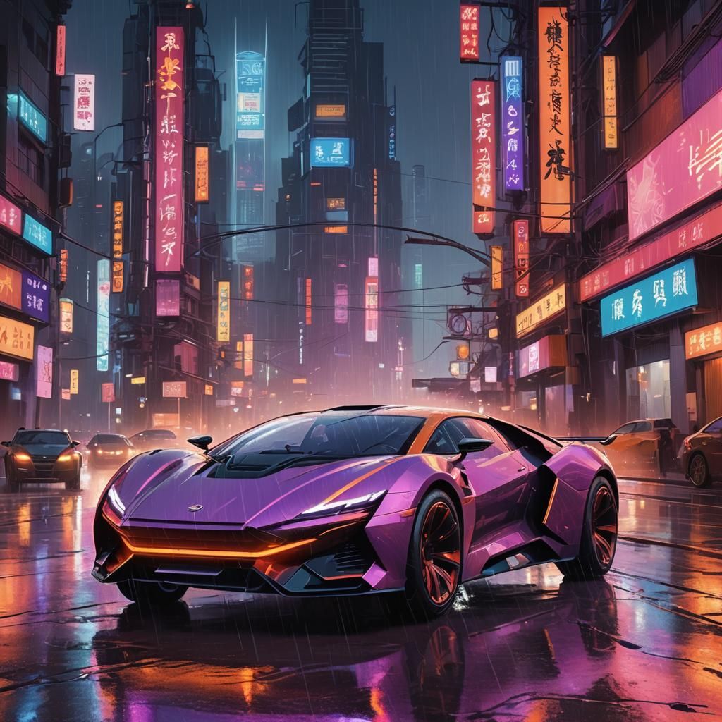 Futuristic Car Speeds Through Neon Cityscape