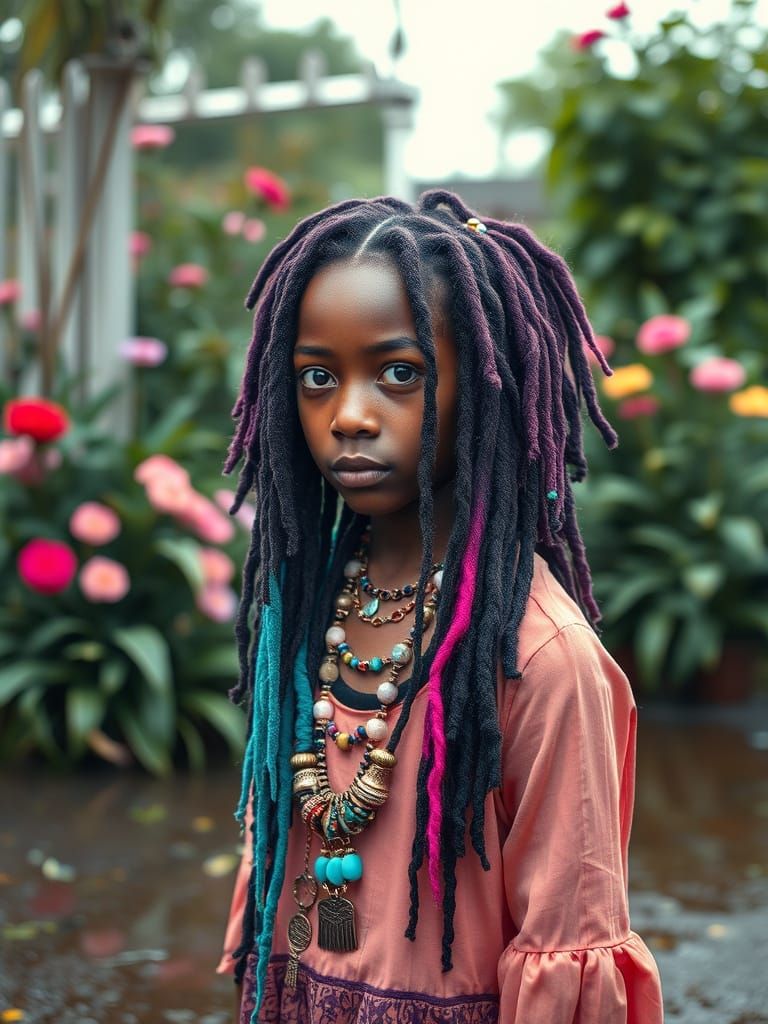 Girl with Dreadlocks in Ethereal Garden Setting
