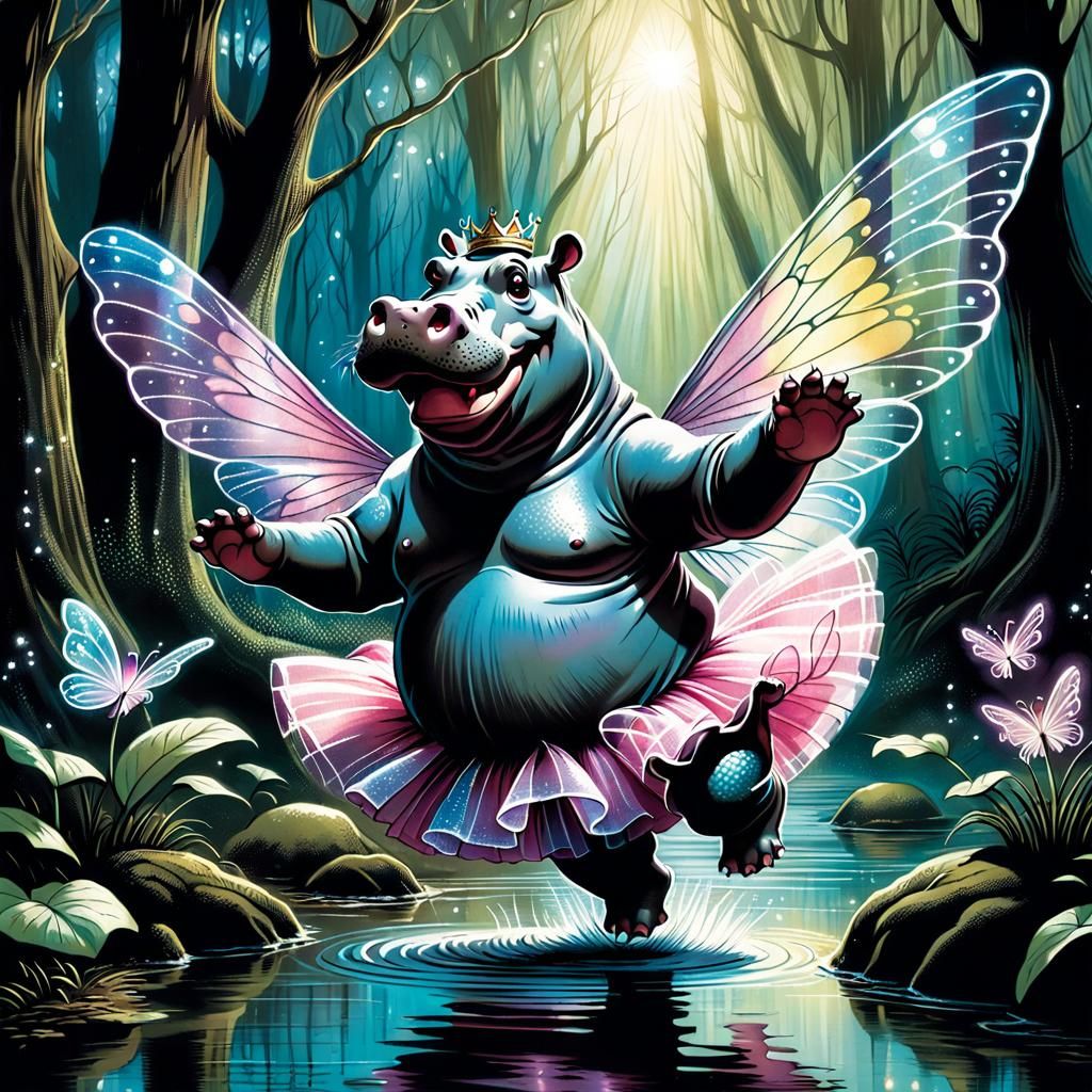Whimsical Winged Hippo in Enchanted Forest