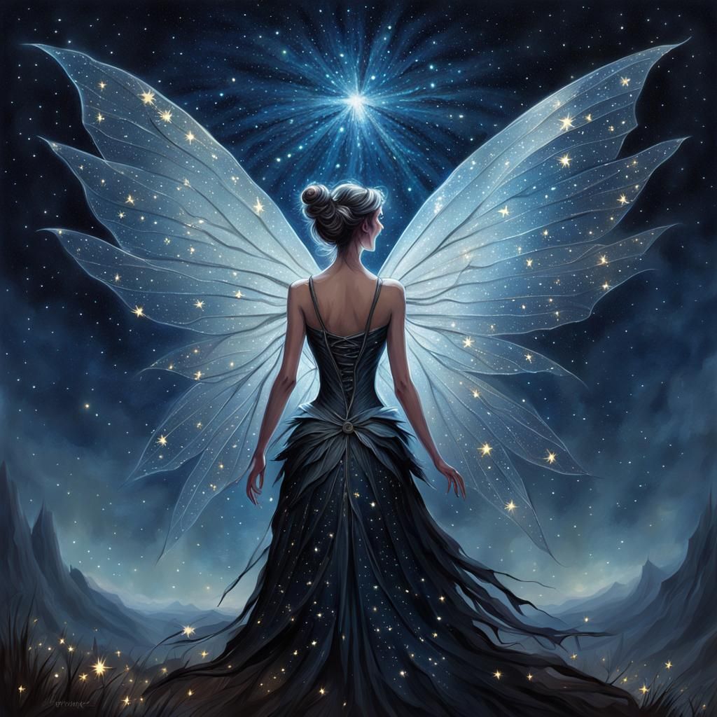 Sinister Fairy with Sparkling Wings in Starry Sky