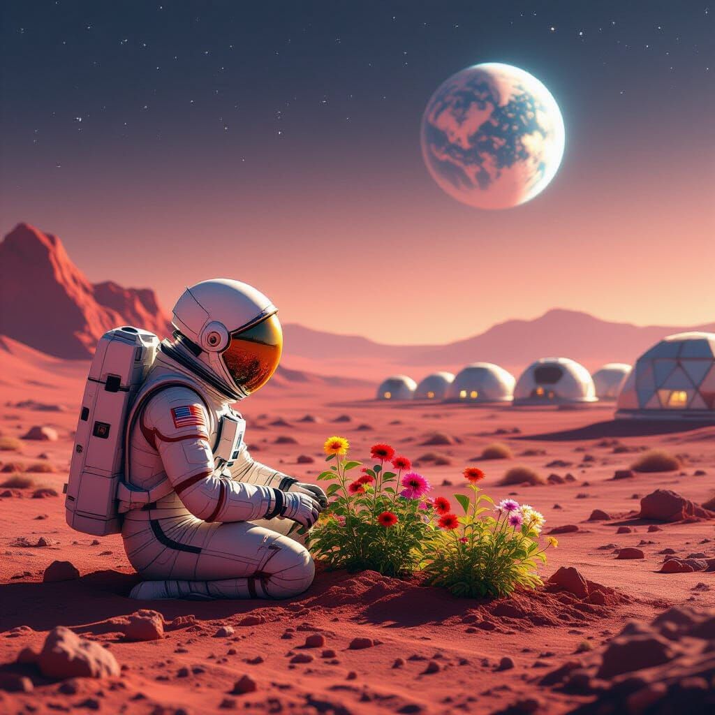 Astronaut Tends Martian Garden in Retro Sci-Fi Style