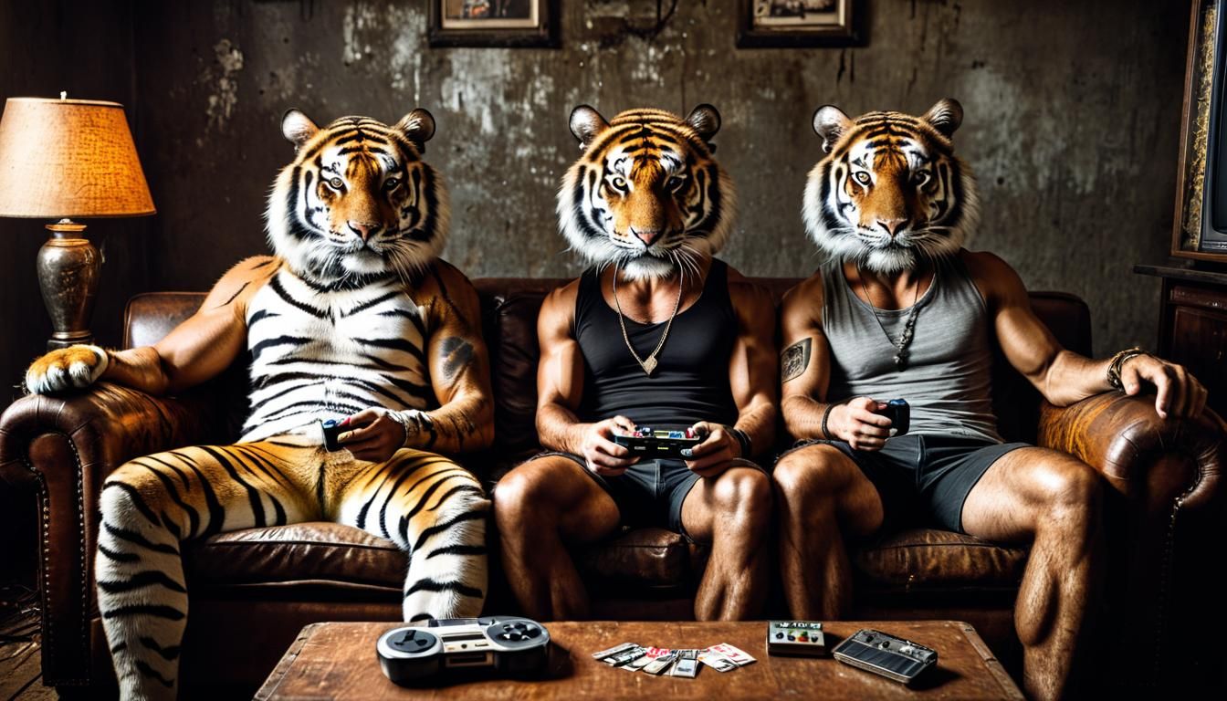 Tigers wearing grunge style clothing and sitting on an old b...