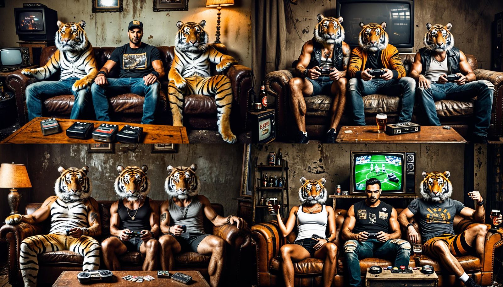 Tigers wearing grunge style clothing and sitting on an old b...