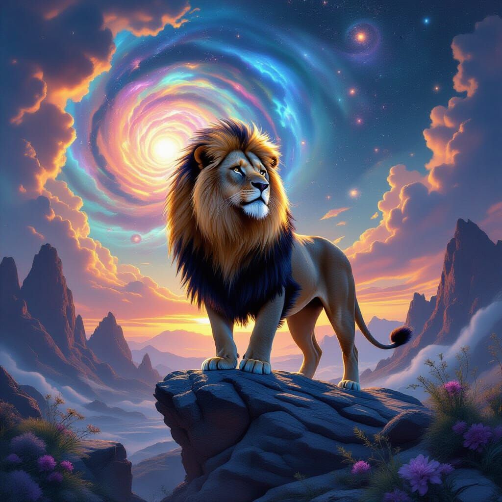Nebula Mane Lion in Alien Galactic Landscape