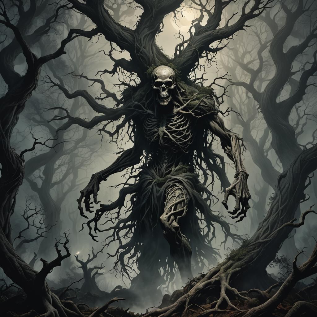 Tormented Figure in Dark Fantasy Forest Illustration