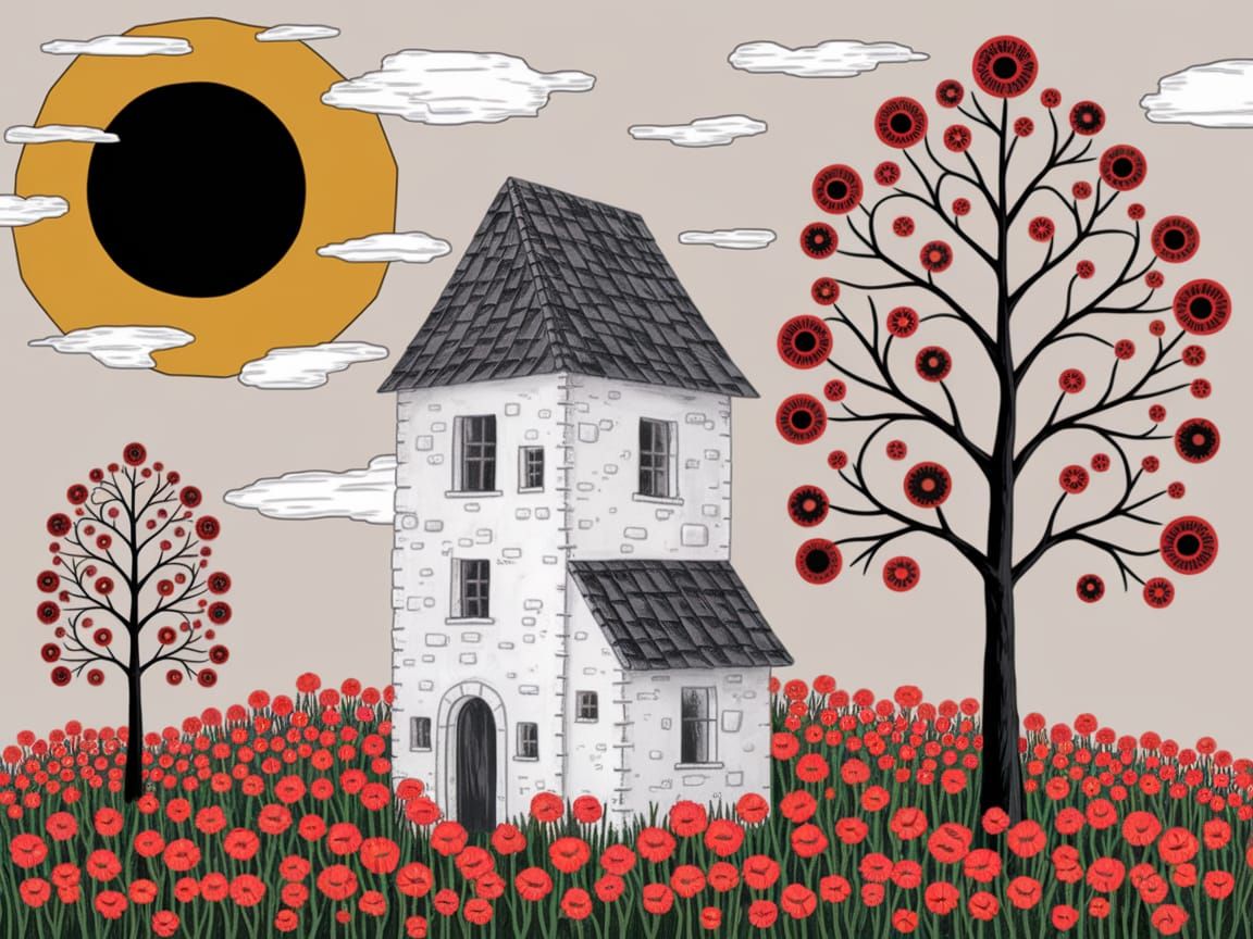 Surreal Landscape with Tower House and Black Moon