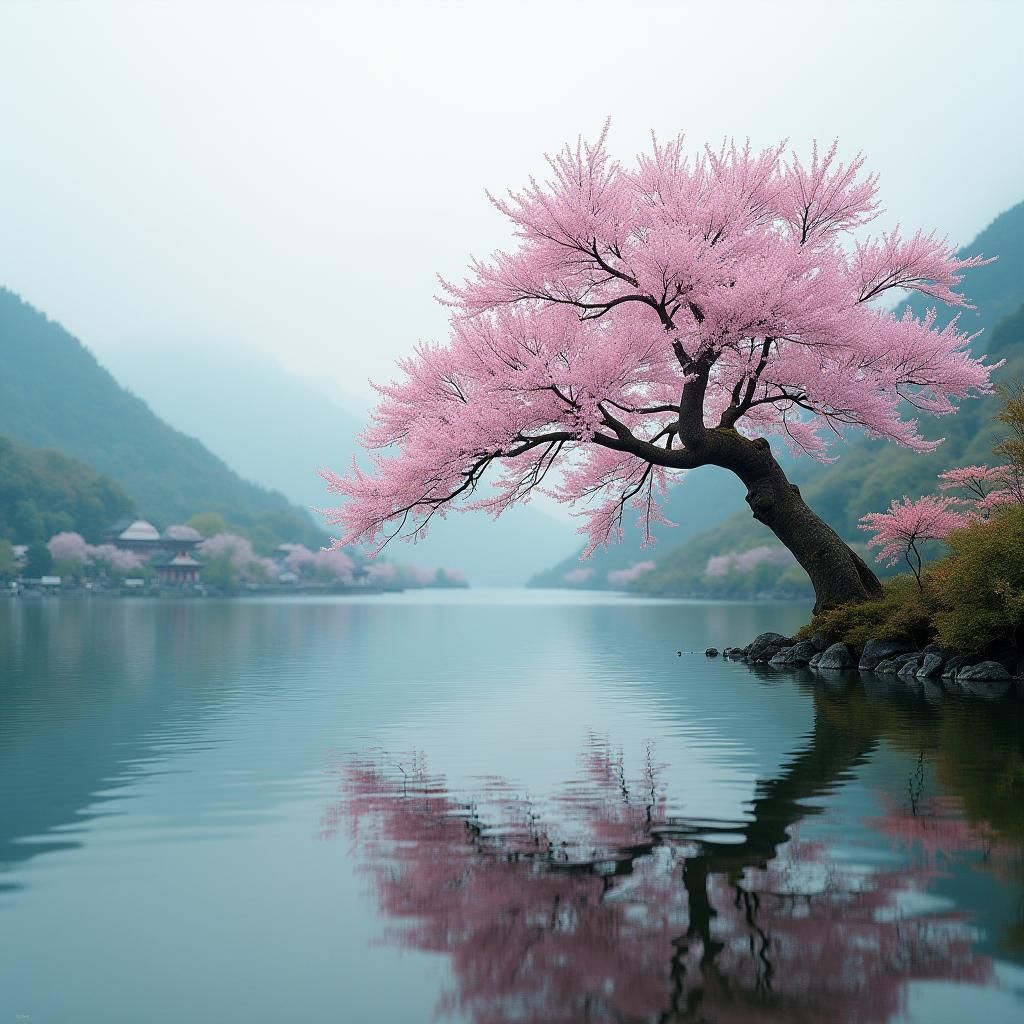 Majestic Sakura Tree Reflected in Serene Lake