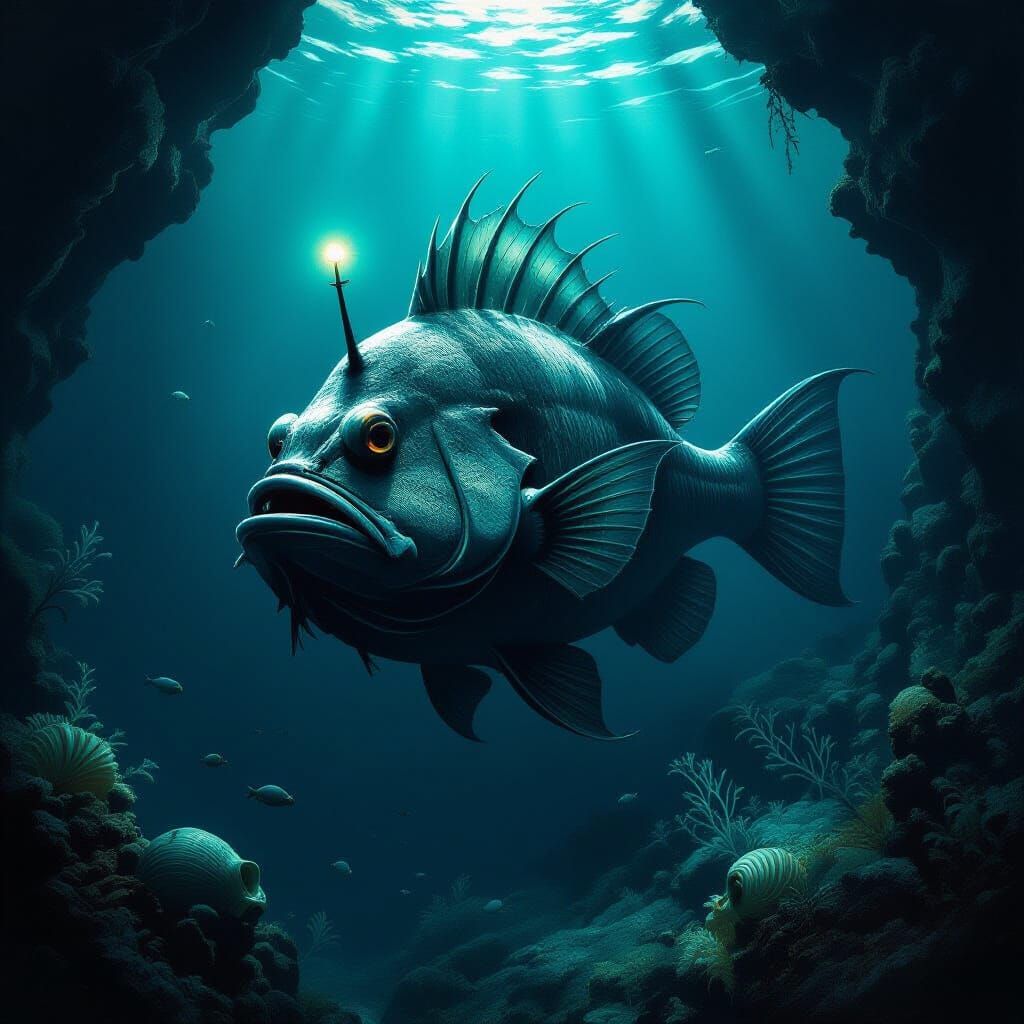Gigantic Anglerfish in Bioluminescent Abyss: Dramatic Illust...