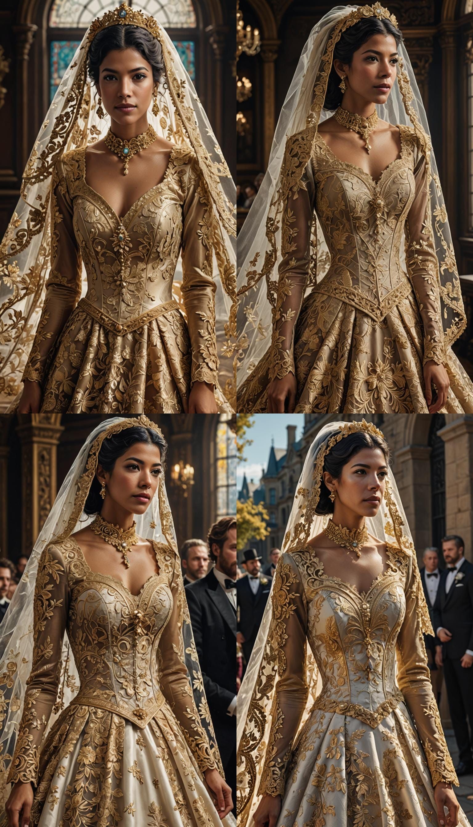 Stephanie Sigman in Victorian Gold Lace Wedding Dress