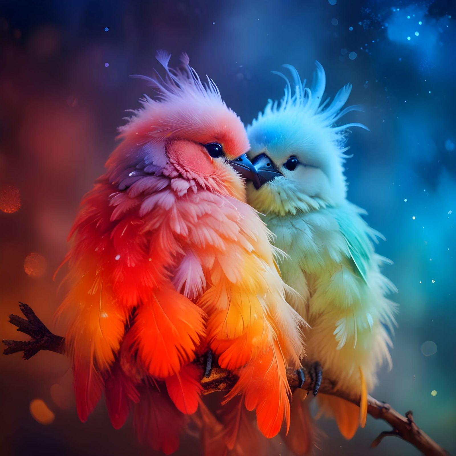 Fluffy Birds Snuggling Together in Dreamlike Watercolor