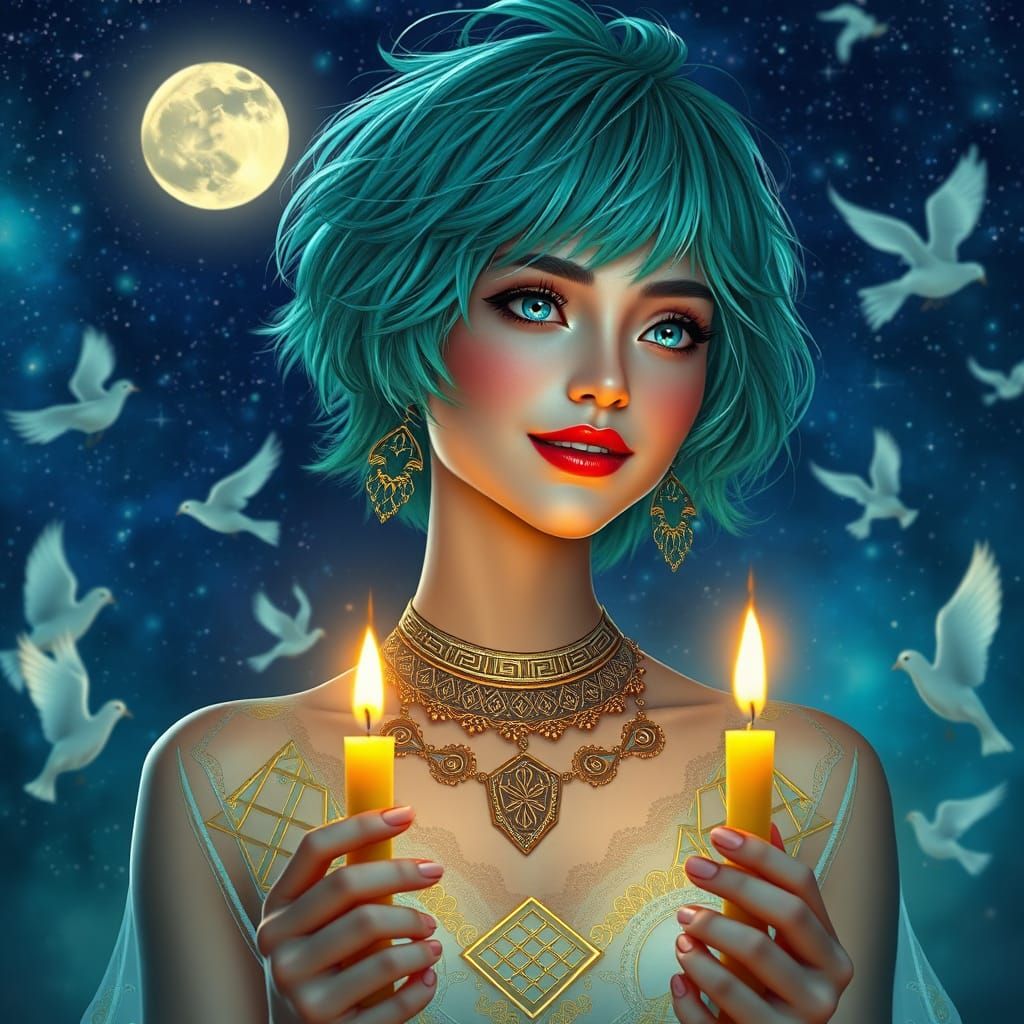 Cosmic Goddess in Vibrant Seafoam Green Hair with Glowing Ey...