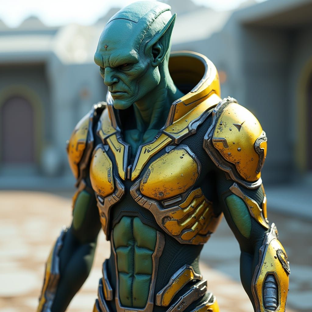 Green Alien Warrior in Futuristic Armor