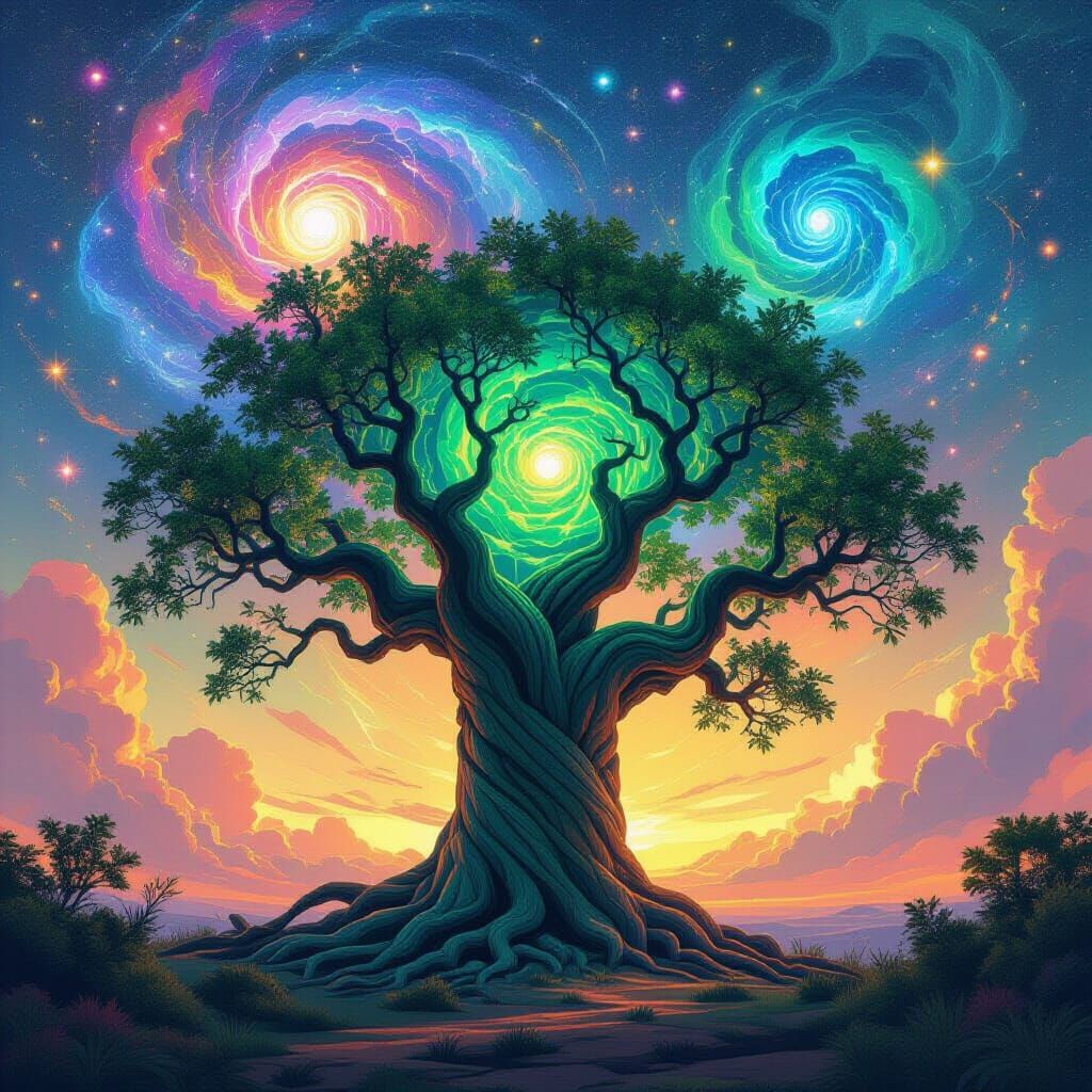 Malachite Tree Under Astral Galaxies in Digital Art Style