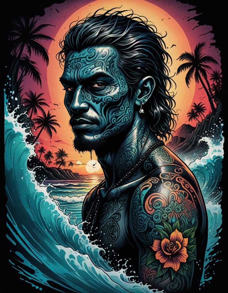 Gothic Surfer in Dark Tropical Horror Aesthetic
