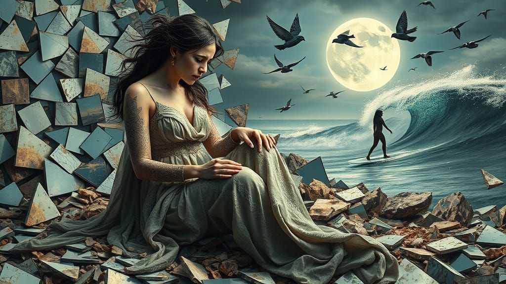 Dreamlike Woman Amidst Broken Mirrors, Collecting Debris in ...