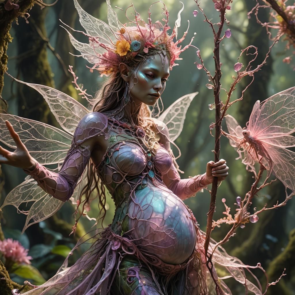 Pregnant Nymph-Wizard Hybrid with Bioluminescent Flora