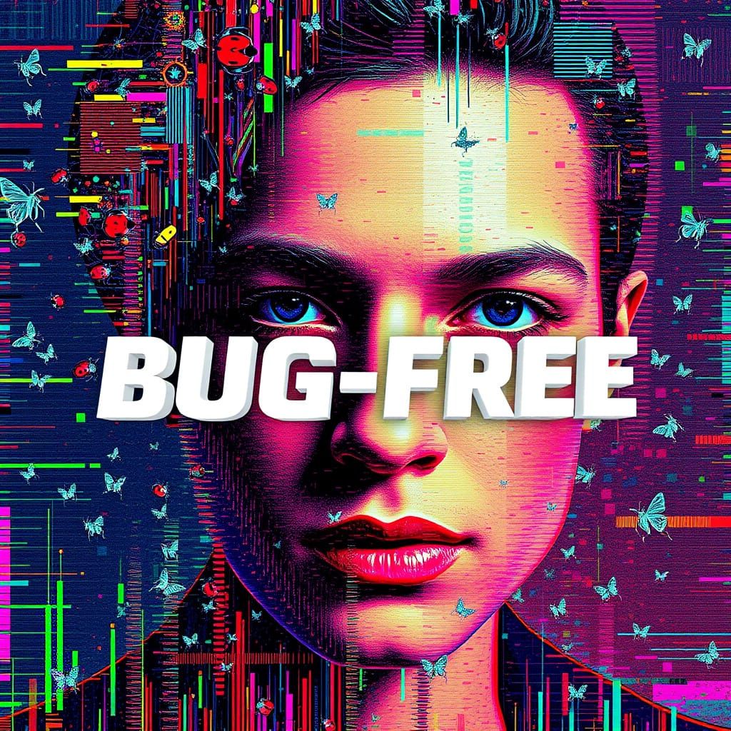 Glitch Art Portrait with Digital Insects and "BUG-FREE" Text