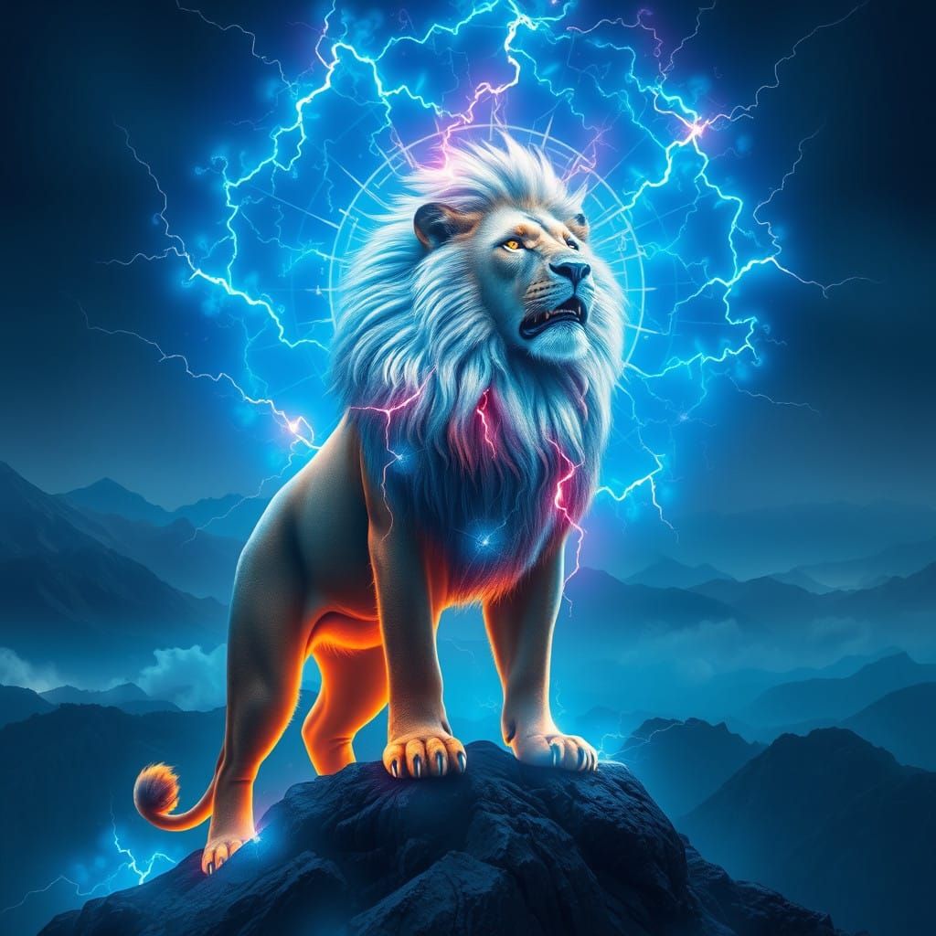 Lion King in Electric Blue Flame Halo Standing on Mountain P...