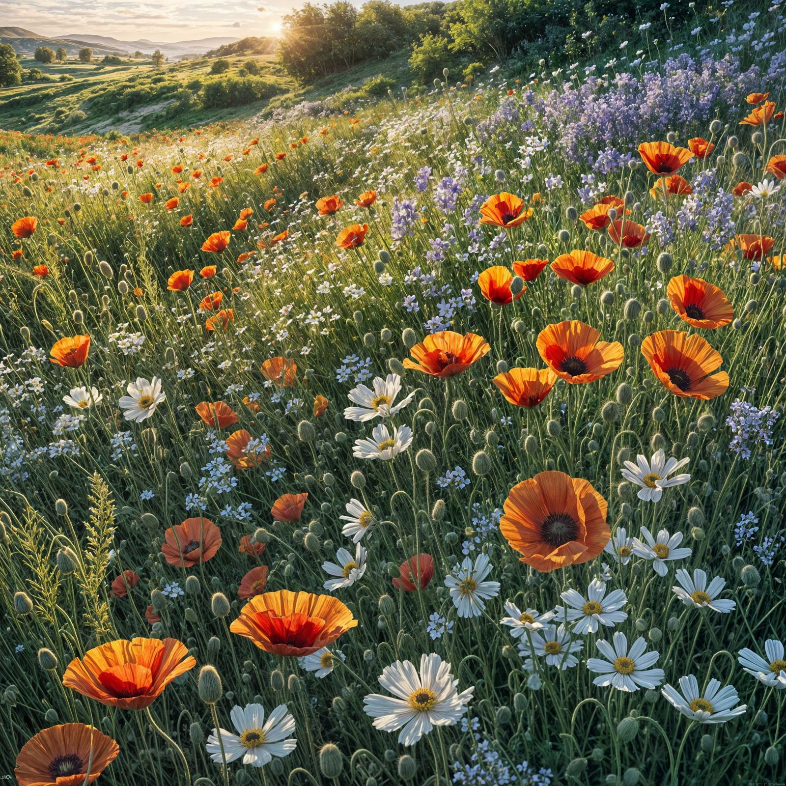 Vibrant Meadow Blooms in Hyperrealistic Art