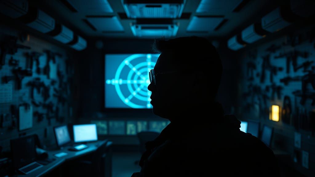Soldier Watches Radar Screen in Gritty Military Command Cent...