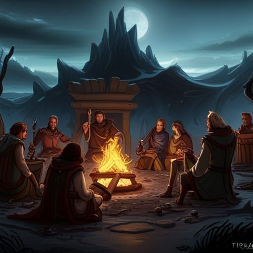 D&D Party Around Campfire: Fantasy Concept Art