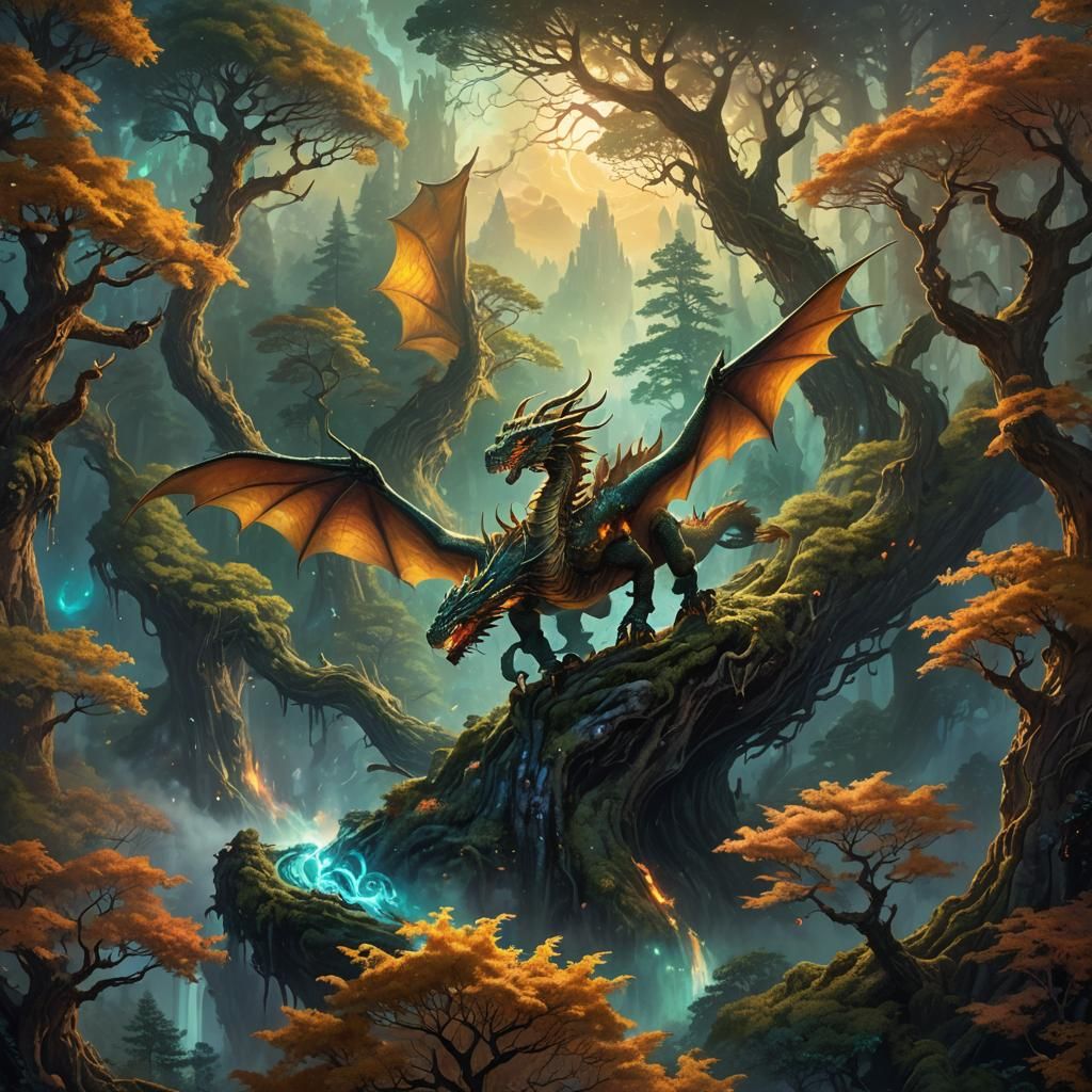Dragon Soaring Over Mystical Forest: Fantasy Concept Art