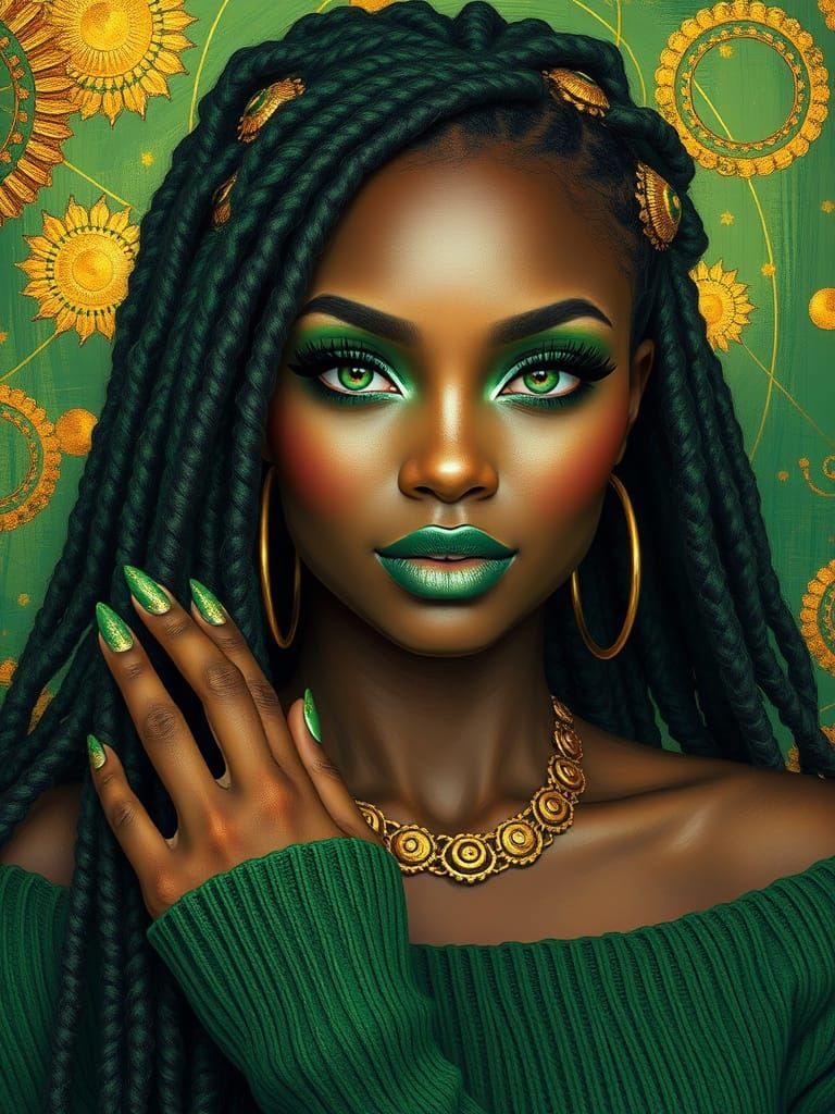 Ethereal Green Goddess with Vibrant Hair and Jewelry