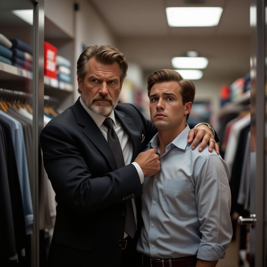 Menacing Man in Suit Blocks Clothing Store Exit