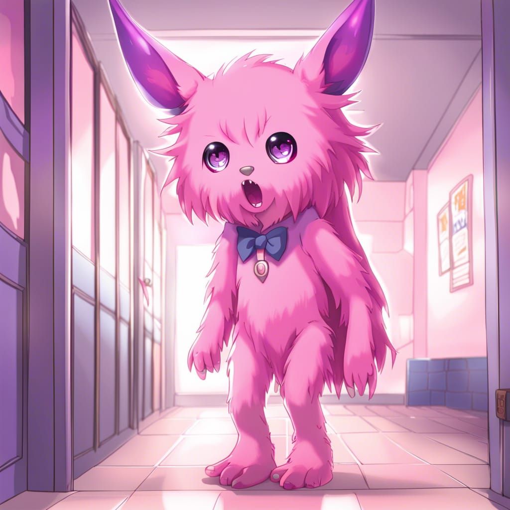 Furry Pink Monster Attends Creepy School in Anime Style