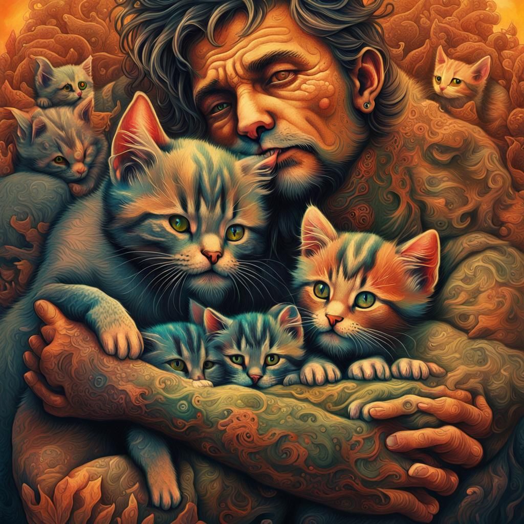 Tattooed Man with Kittens in Fantasy Realism