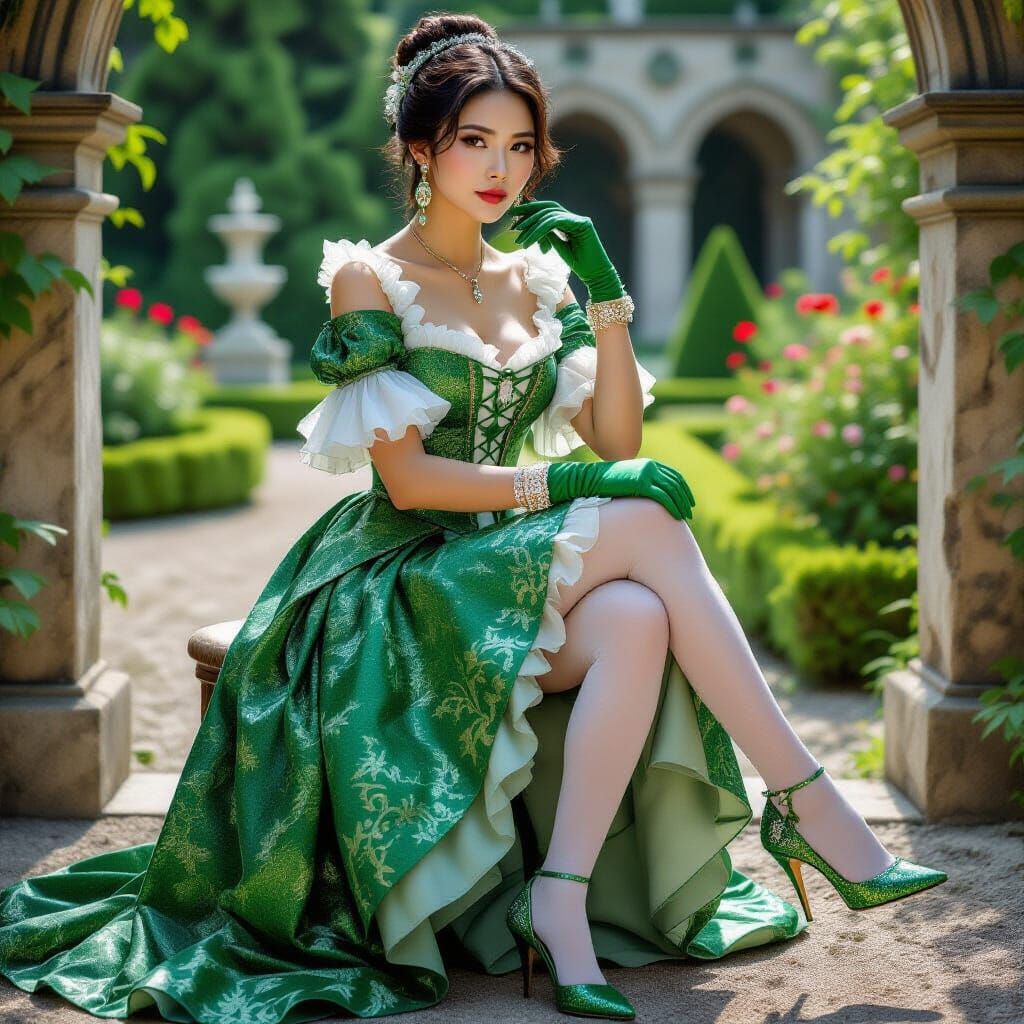 Asian Woman in Green Dress in Art Nouveau Style