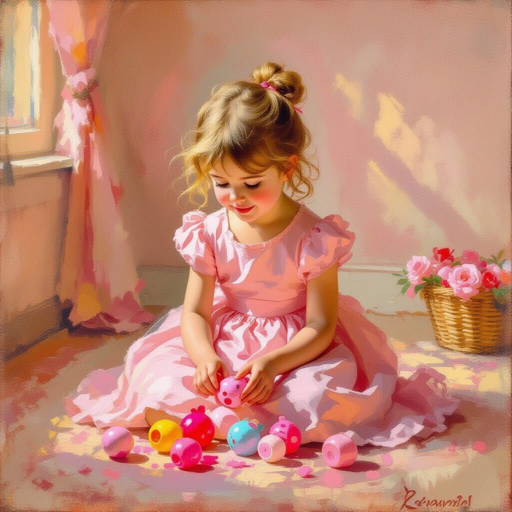 Joyful Girl in Pink Room, Impressionist Oil Painting
