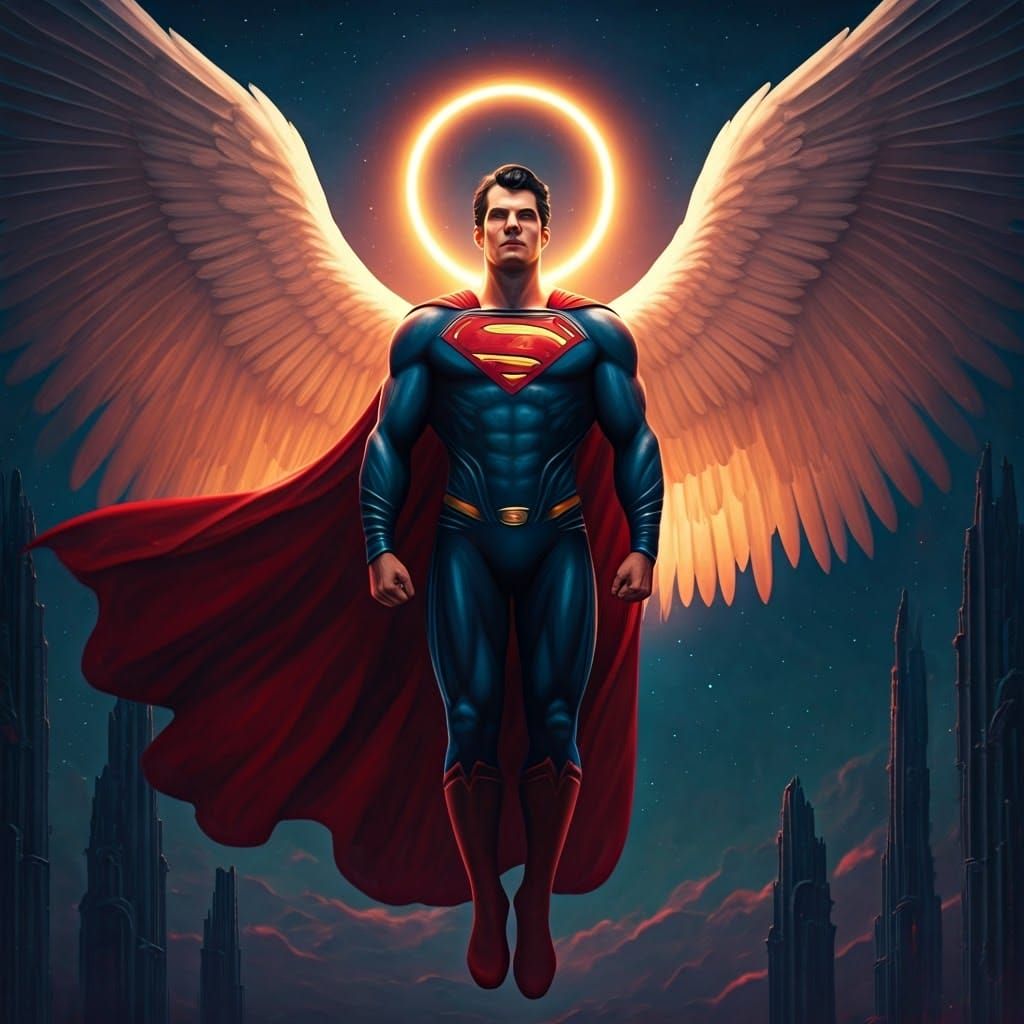 Archangel Superman with crimson spectral cape and brilliant ...