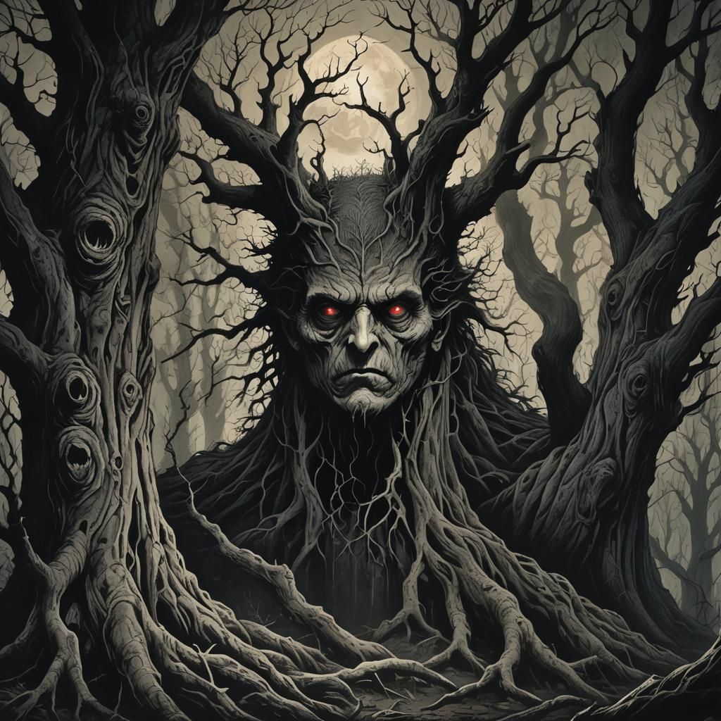 Eerie Creature Watching from Dark Fantasy Forest