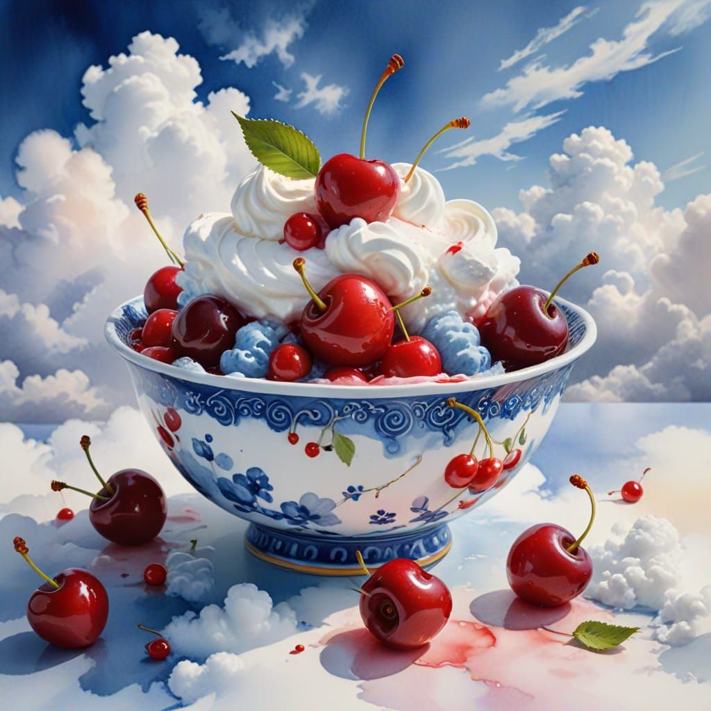 Delftware Bowl of Cherries Floating on Clouds