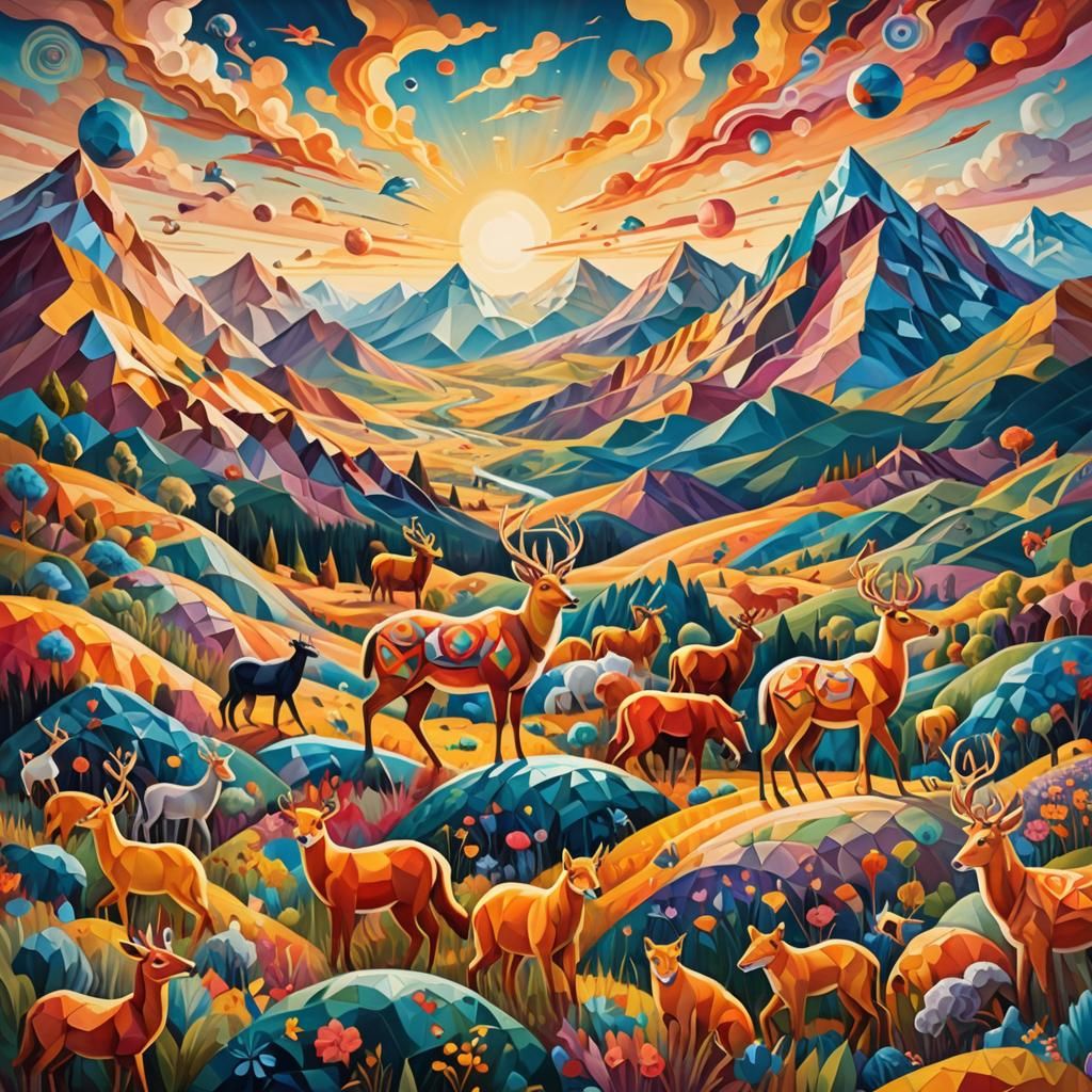 Geometric Animals Roam Freely in Surreal Landscape