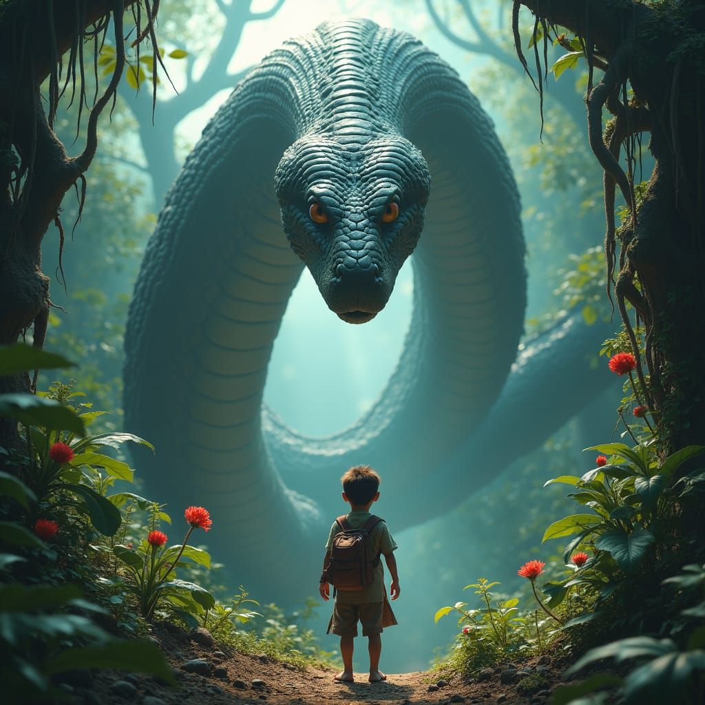 Terrified Boy Confronts Giant Snake in Jungle