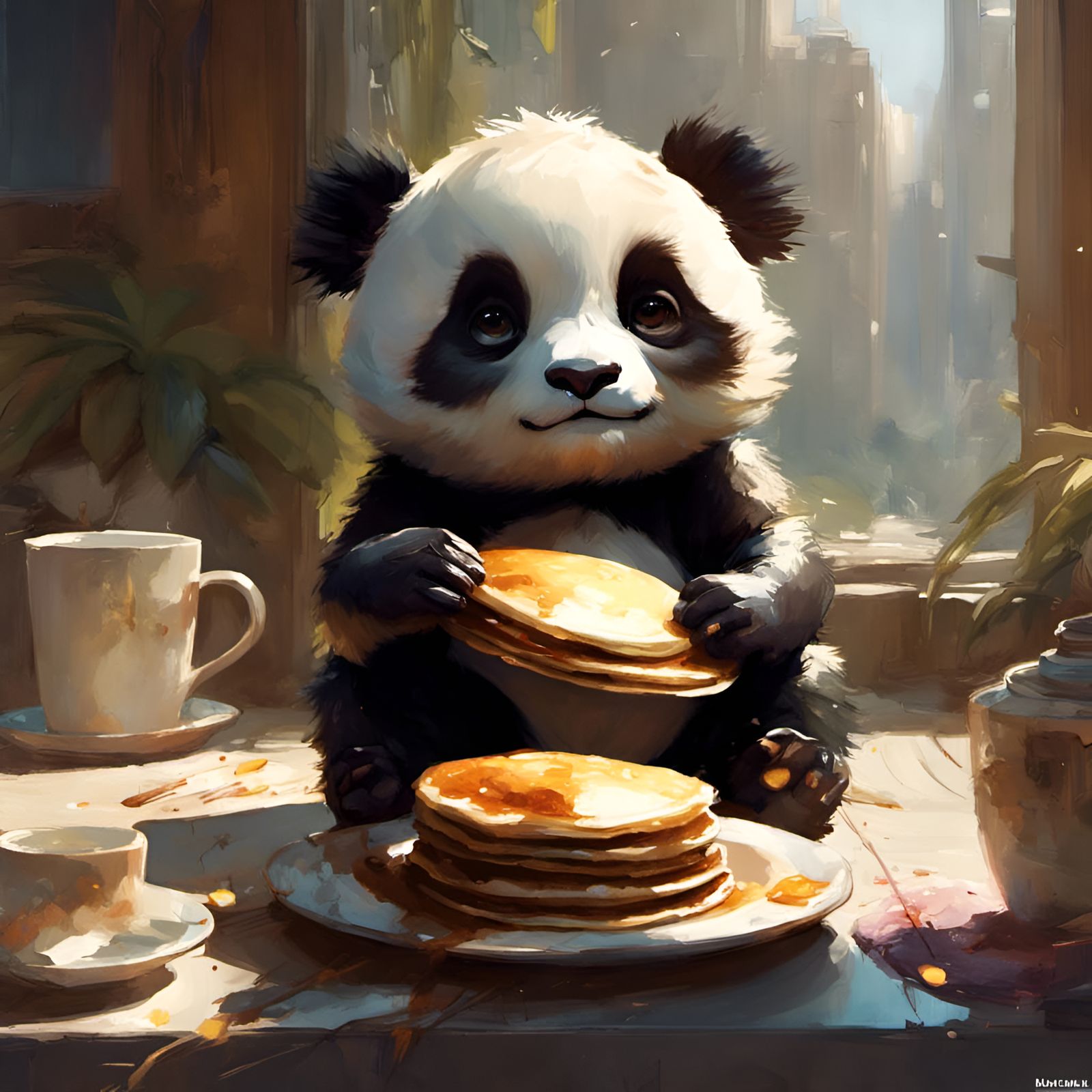 Adorable Chibi Panda Eating Pancakes in 3D