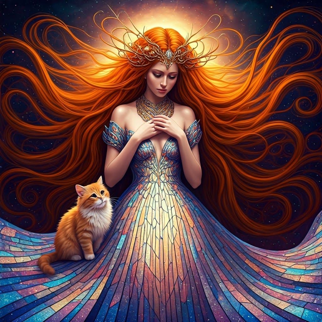 Goddess in Cosmic Stained Glass Dress with Orange Cat