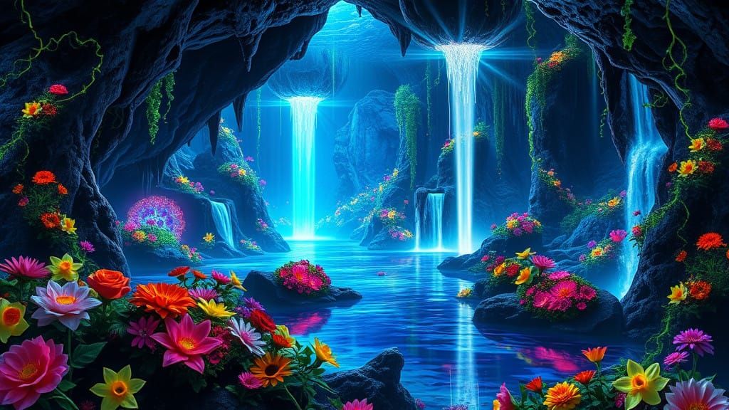 Enchanted Bioluminescent Caverns in Cyberpunk Aesthetic