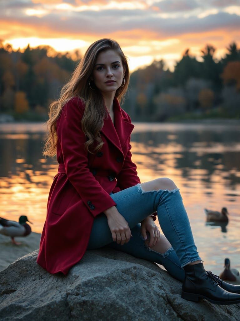 Woman in Red Coat at Sunset: Analog Style
