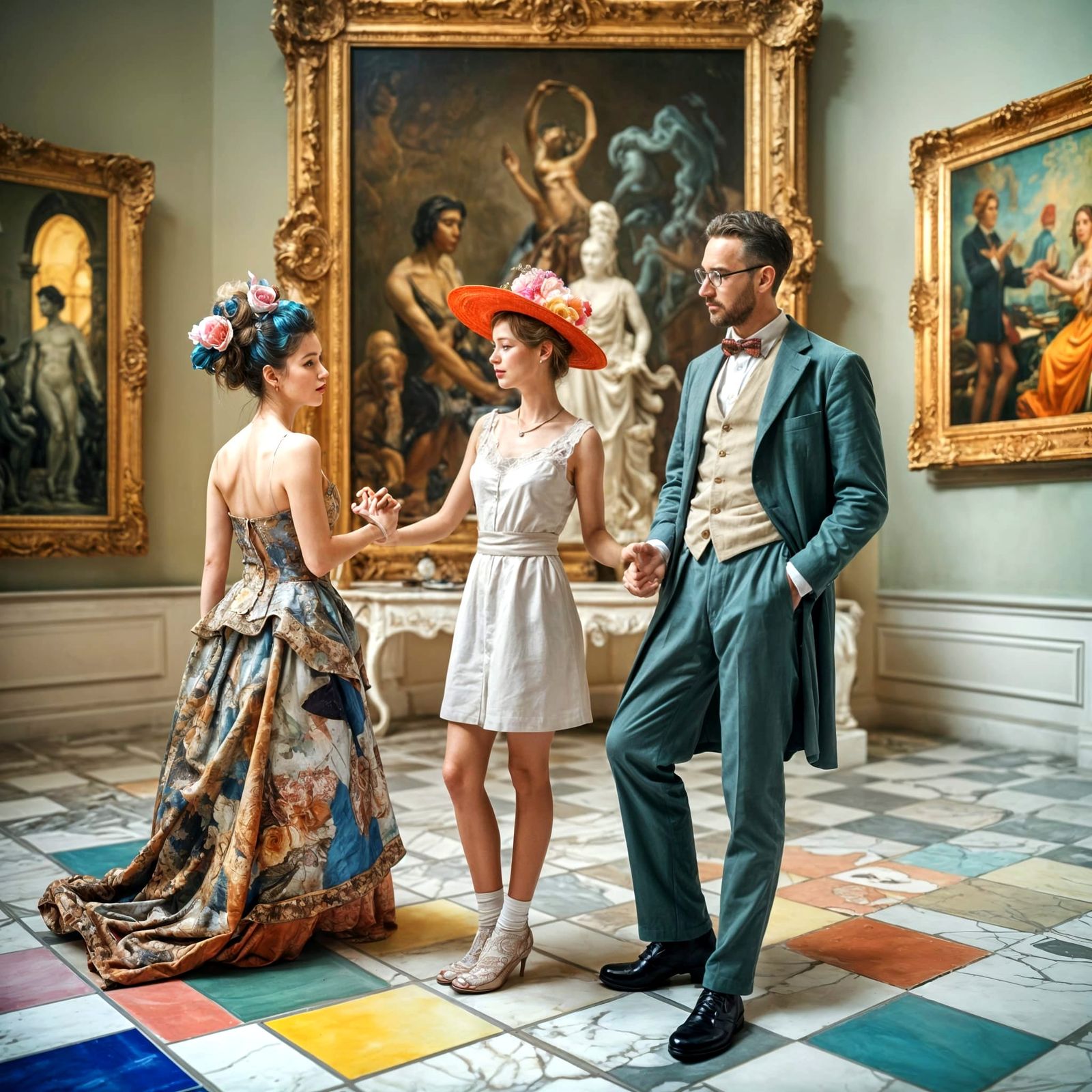 Happy Couples' Badinage in Art Museum: Hyperrealistic Photo