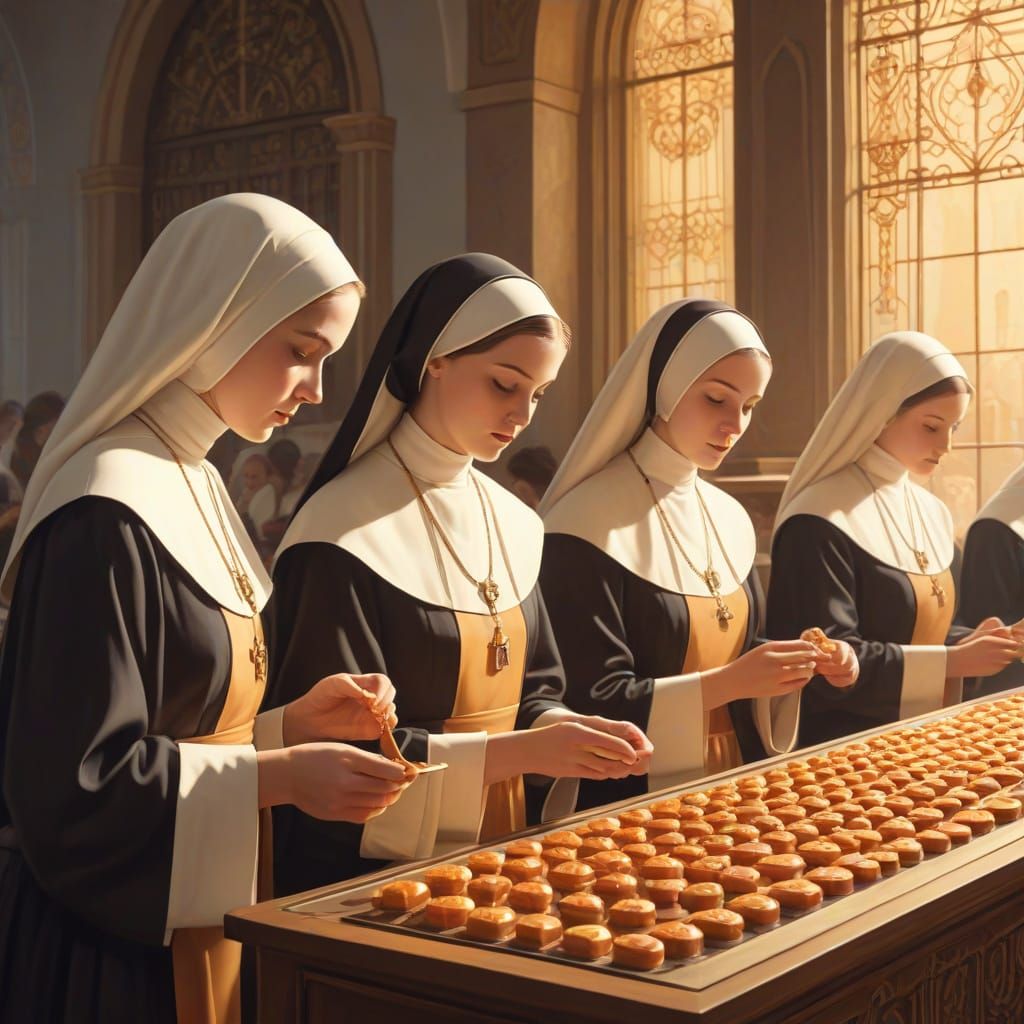 Carmelite nuns and acolytes making candy caramels