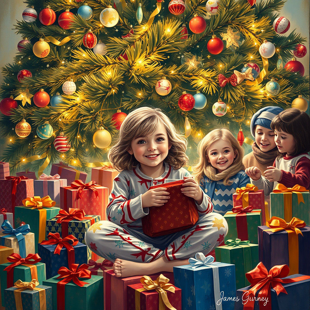 Girl Opening Christmas Gifts in Warm, Cozy Style
