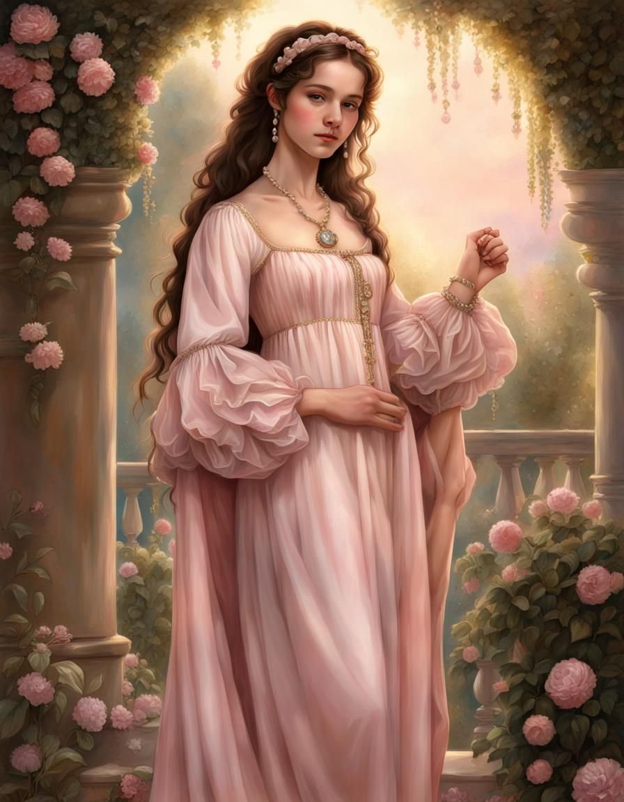 Renaissance Girl in Garden with Pearl Jewelry