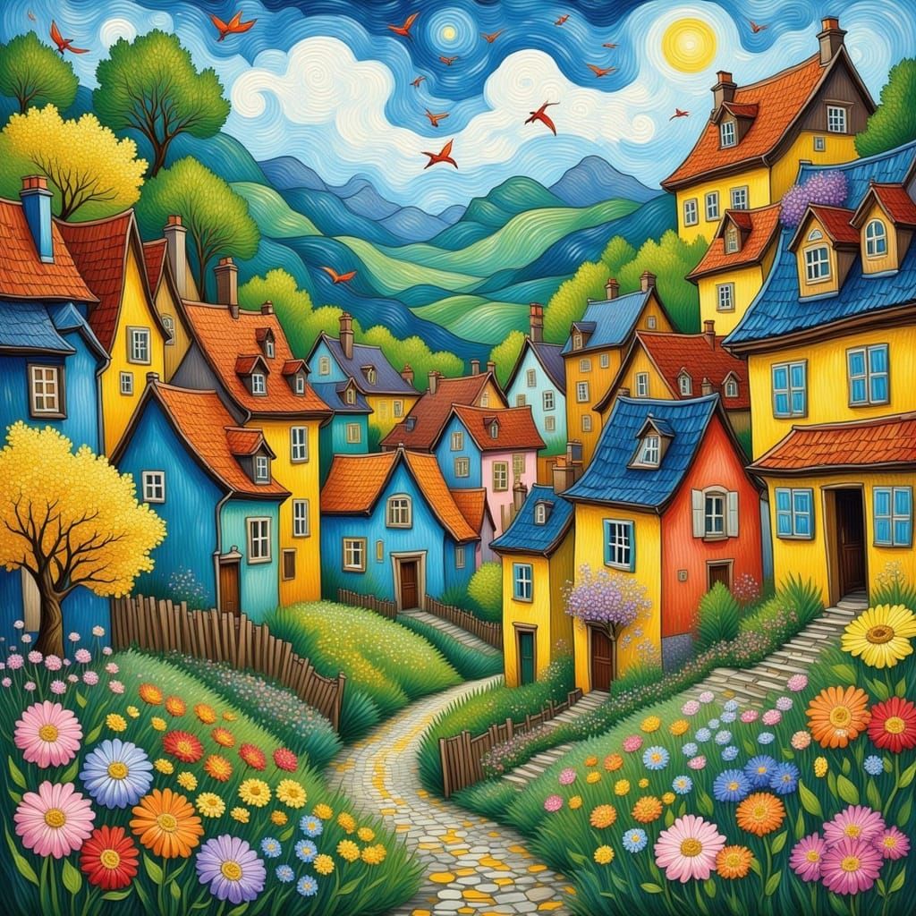 A small, charming village nestled in a valley, where the hou...