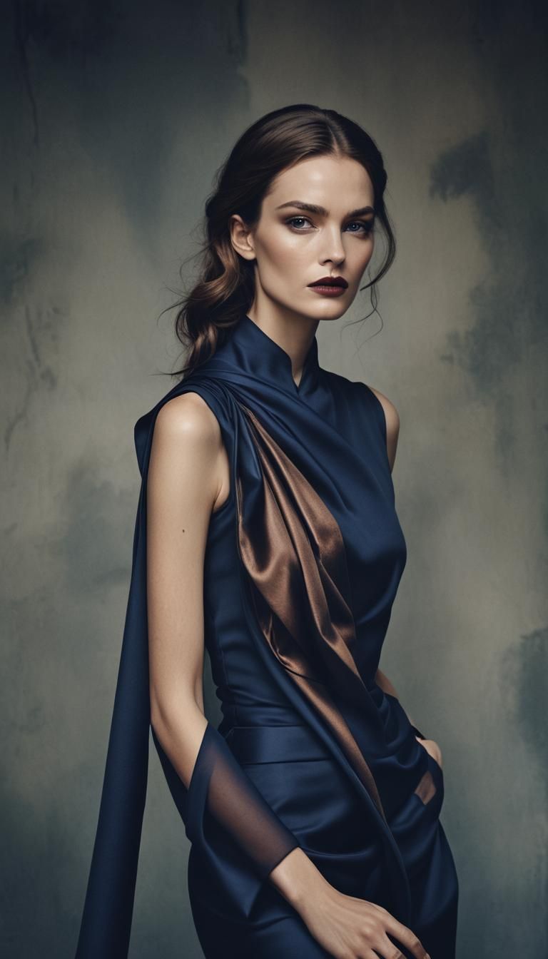 Elegant Woman in Dark Blue: High-Fashion Photography