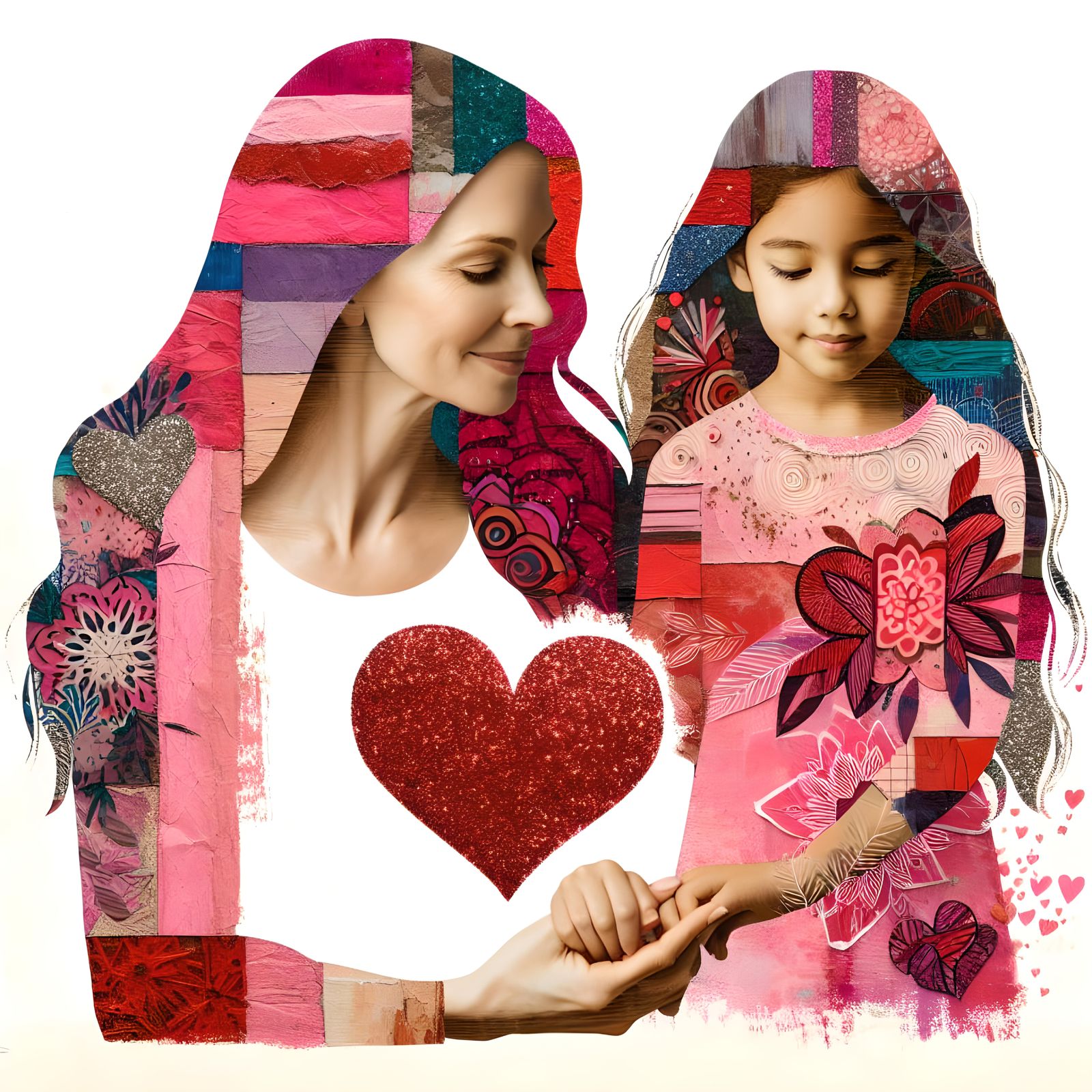 Mother and Daughter Collage Art with Impasto Texture